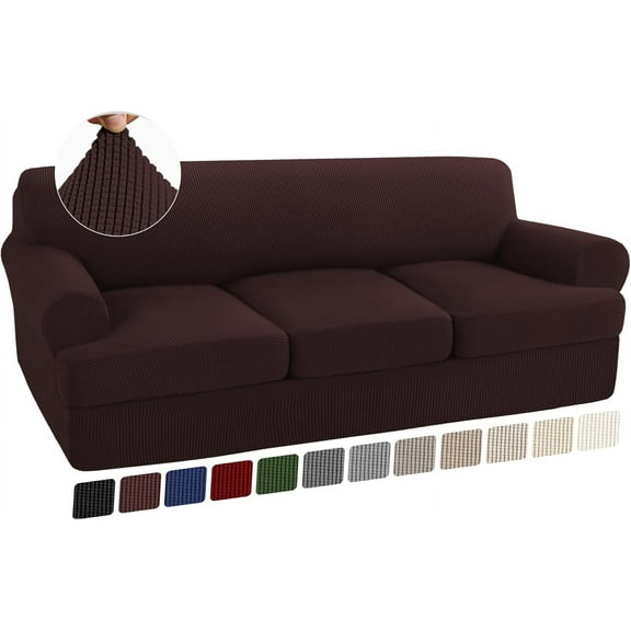 4 Piece T Cushion Sofa Slipcovers Stretch Couch Cover Furniture Covers with 3 Individual T Cushion Covers, Machine Washable (3 Cushion Sofa, Brown)