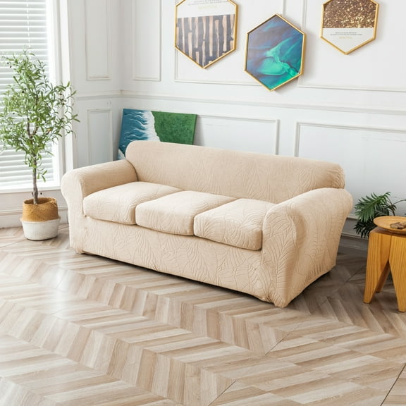 4 Piece T Cushion Sofa Slipcovers Stretch Couch Cover Furniture Covers with 3 Individual T Cushion Covers, Washable (3 Cushion Sofa, Biscotti Beige)