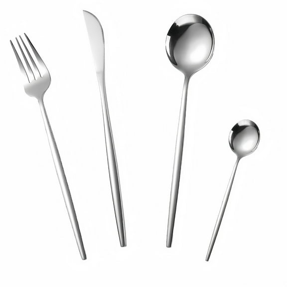 4-Piece Tableware Set, Mirror Polished Kitchen Utensils with Dinner Fork, Steak Knife, Dinner Spoon & Tea Spoon (Silver)