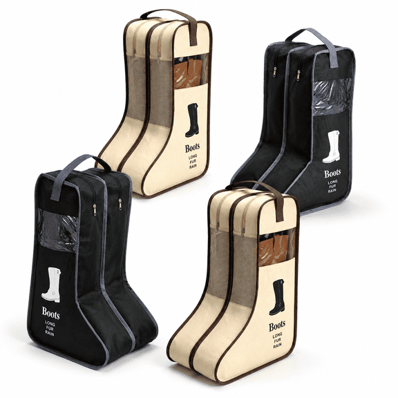 4-Piece Tall Boot Storage Bag Set, Black and Beige, Breathable Dustproof Protectors
