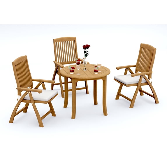 4-Piece Teak Dining Set: 36" Round Table + 3 Marley Folding/Reclining Arm Chairs