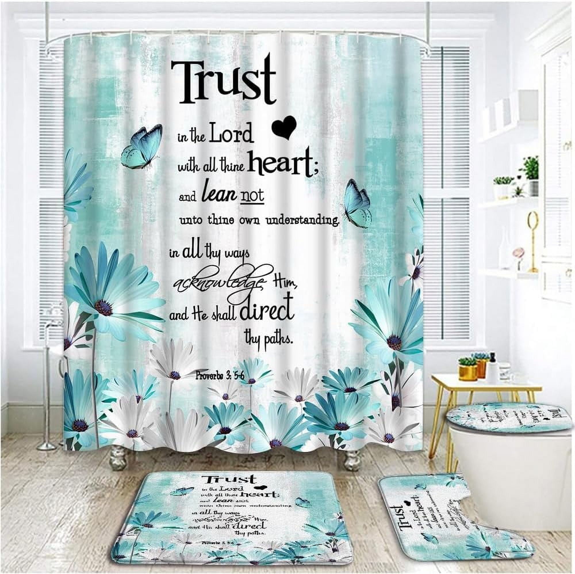 4 Piece Teal Grey Flower Shower Curtain Sets with Rugs, Toilet Lid Cover, Rustic Daisy Butterfly Inspirational Quotes Trust in The Lord Verse Farmhouse Art Bathroom Shower Curtain with 12 Hooks