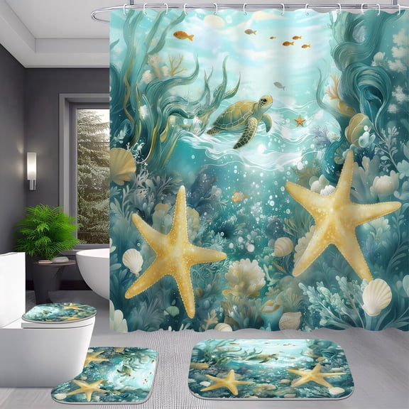4 Piece Teal Sea Turtle and Starfish Ocean Shower Curtain Set with Rugs