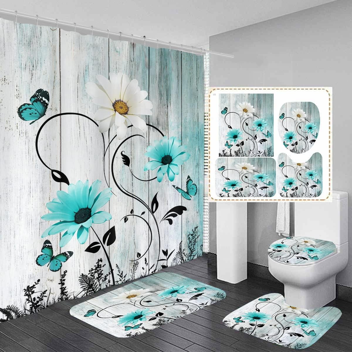 4 Piece Teal Turquoise Shower Curtain Set Aqua Floral Blue White Curtains Decor with Non-Slip Rugs, Toilet Lid Cover and Bath Mat Bathroom Accessorie Home Bathtub Set