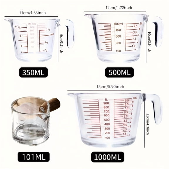 4-Piece Tempered Glass Measuring Cup Set with Handle 100ml/1/2/4-Cup Stackable Liquid Measuring Cups Microwave Oven Freezer Safe Essential Kitchen Tools