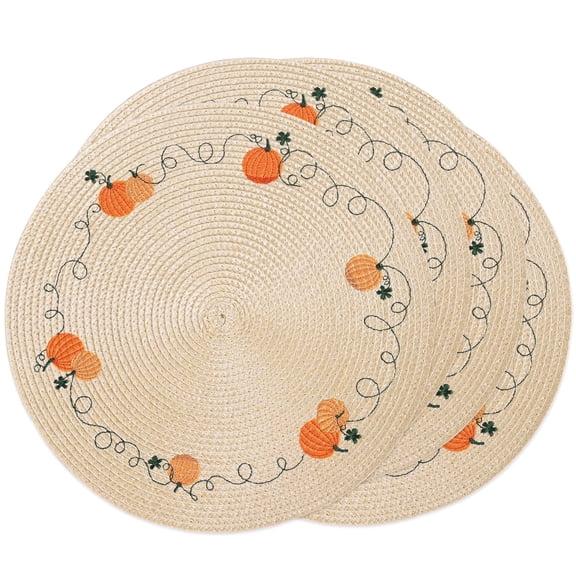 BVIEAKD Thanksgiving Pumpkin Embroidered Round Beige Stain Resistant Table Place Mats, 4-Piece