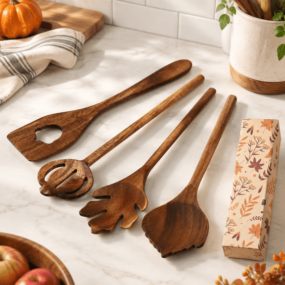 4-Piece -Themed Wooden Kitchen Utensil Set, 12 Inch Pumpkin & Leaf Design Cookware