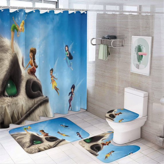 4 Piece Tinker-bel Legend of the Never Beast Shower Curtain Sets, with 12 Hooks Non-Slip Rugs Toilet Lid Cover and Bath Mat for Bathroom Decor Set 72in