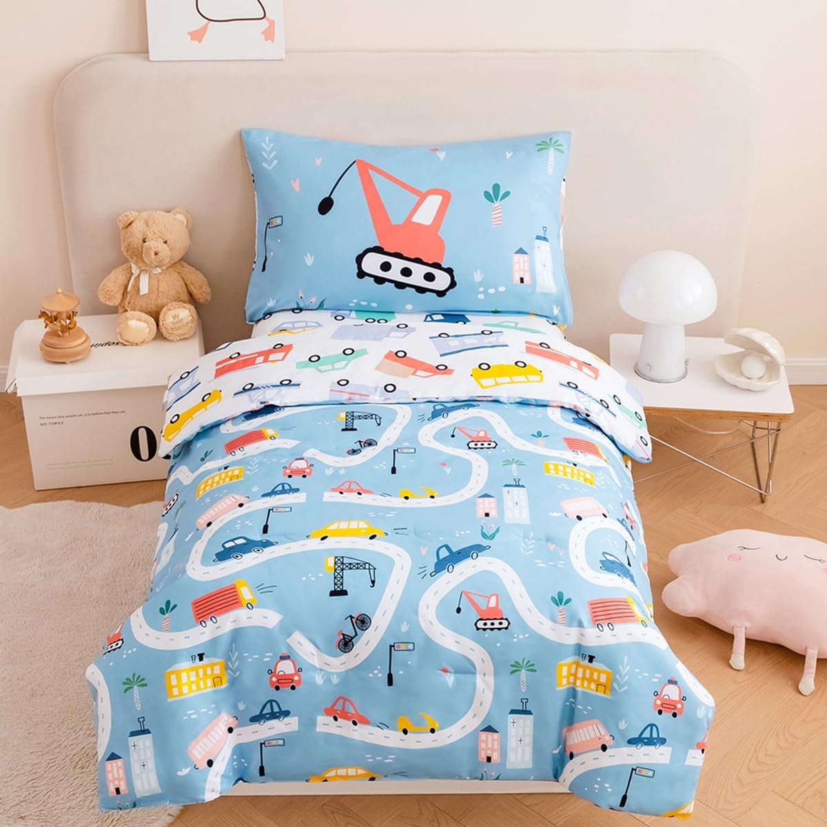 4Piece Toddler Bedding Set Driving Cars on Road Printed Bed in A Bag
