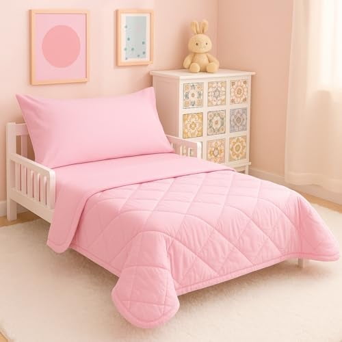 4-Piece Toddler Bedding Set – Soft Microfiber Crib Bedding for Boys & Girls, Includes Comforter, Fitted Sheet, Flat Sheet & Envelope Pillowcase – Breathable, Wrinkle Resistant