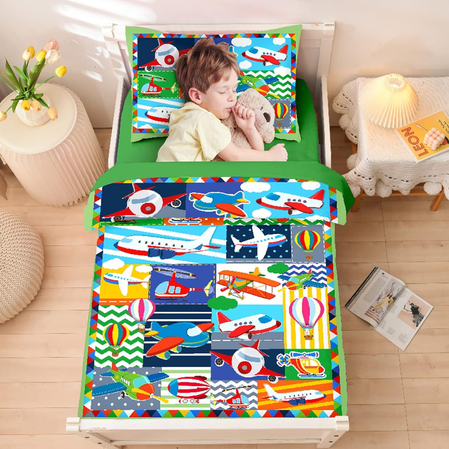 4Piece Toddler Comforter Bedding Set, Airplane Comforter Set for Kids