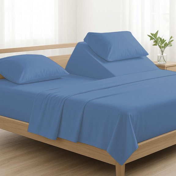 4 Piece Top Split California King Sheets for Adjustable Bed 100% Egyptian Cotton 800 Thread Count Sheets for Sleep Number Bed 28" Flex Top Fits 18" Deep Mattress - Medium Blue Solid