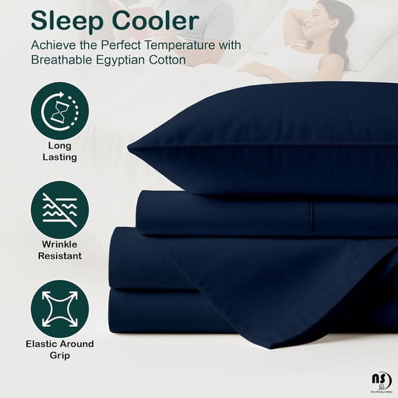 4 Piece Top Split King Sheet Set for Sleep Number Adjustable Bed,  Egyptian Cotton Bed Sheets, 34" Flex Head, Fits 18" Deep Mattress, 78" x 80", Navy Blue Solid