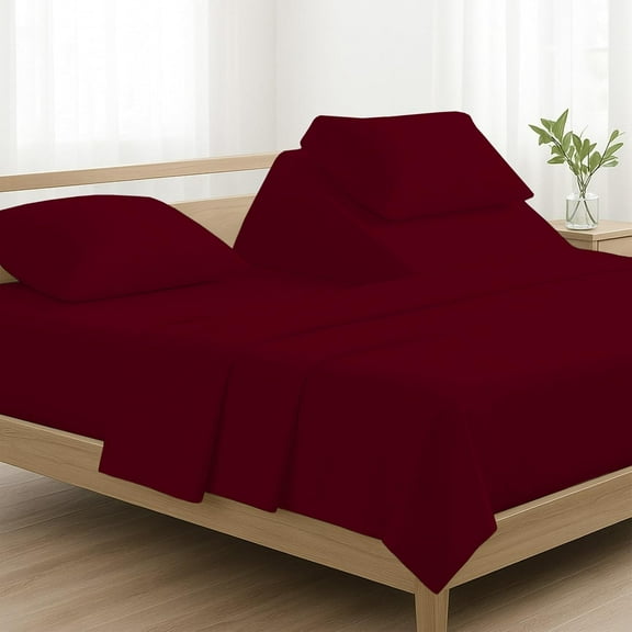 4 Piece Top Split King Sheets for Adjustable Bed 100% Egyptian Cotton 800 Thread Count Sheets for Sleep Number Bed 28" Flex Top Fits 18" Deep Mattress - Burgundy Solid