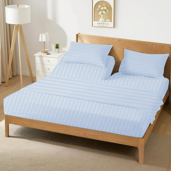 4 Piece Top Split King Sheets for Adjustable Bed for Sleep Number Bed 32" Flex Top Fits 21" Deep Mattress 100% Egyptian Cotton 800 Thread Count Split Top King - Light Blue Stripe