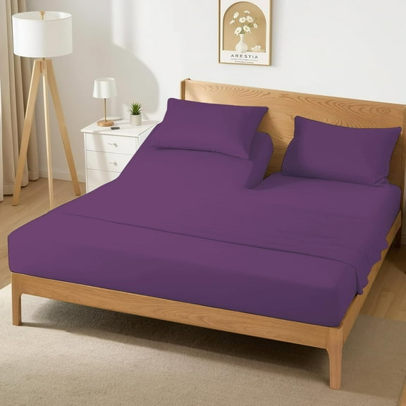 4 Piece Top Split King Sheets for Adjustable Bed for Sleep Number Bed 36" Flex Top Fits 21" Deep Mattress 100% Egyptian Cotton 800 Thread Count Split Top King - Plum Solid