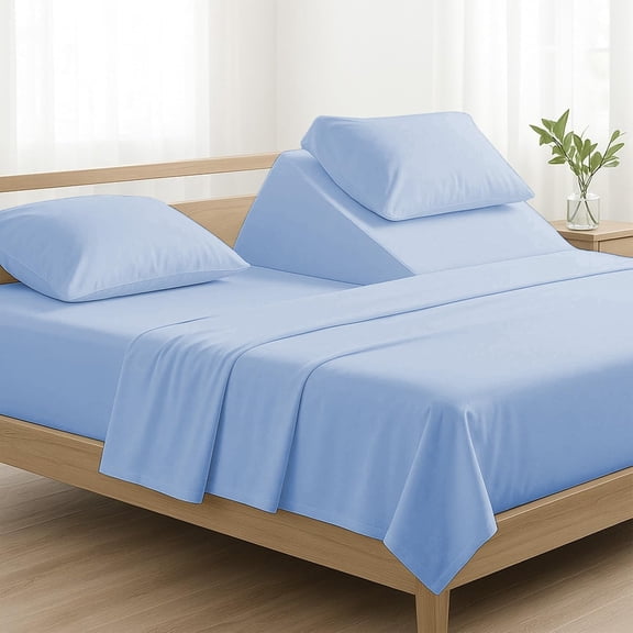 4 Piece Top Split Queen Sheets for Adjustable Bed 100% Egyptian Cotton 800 Thread Count Sheets for Sleep Number Bed 39" Flex Top Fits 18" Deep Mattress - Light Blue Solid