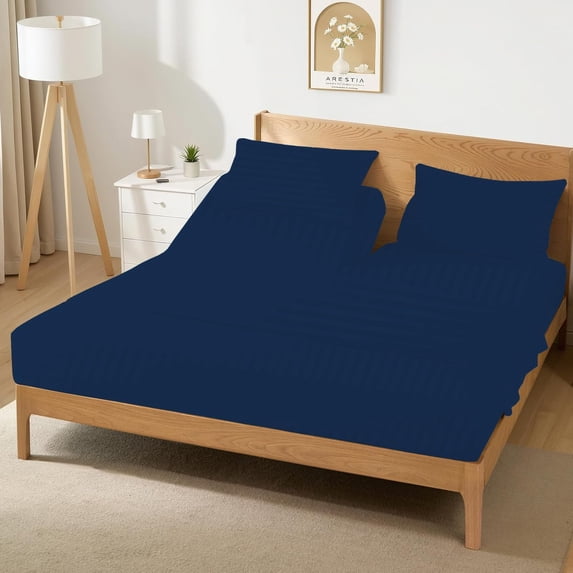 4 Piece Top Split Queen Sheets for Adjustable Bed for Sleep Number Bed 32" Flex Top Fits 21" Deep Mattress 100% Egyptian Cotton 800 Thread Count Split Top Queen - Navy Blue Stripe