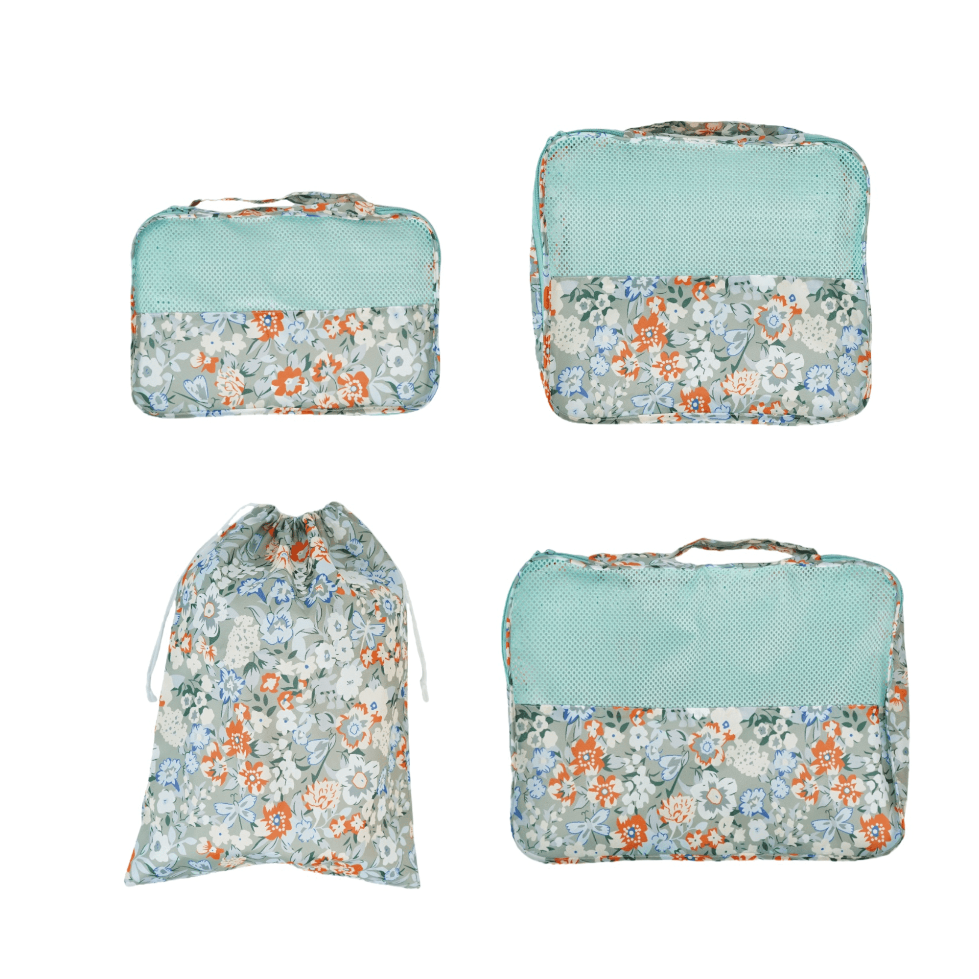 4-Piece Travel Packing Cubes Set, Luggage Organizer Bags with Mesh Top, Lightweight Clothes Storage Pouches, Green Floral Pattern