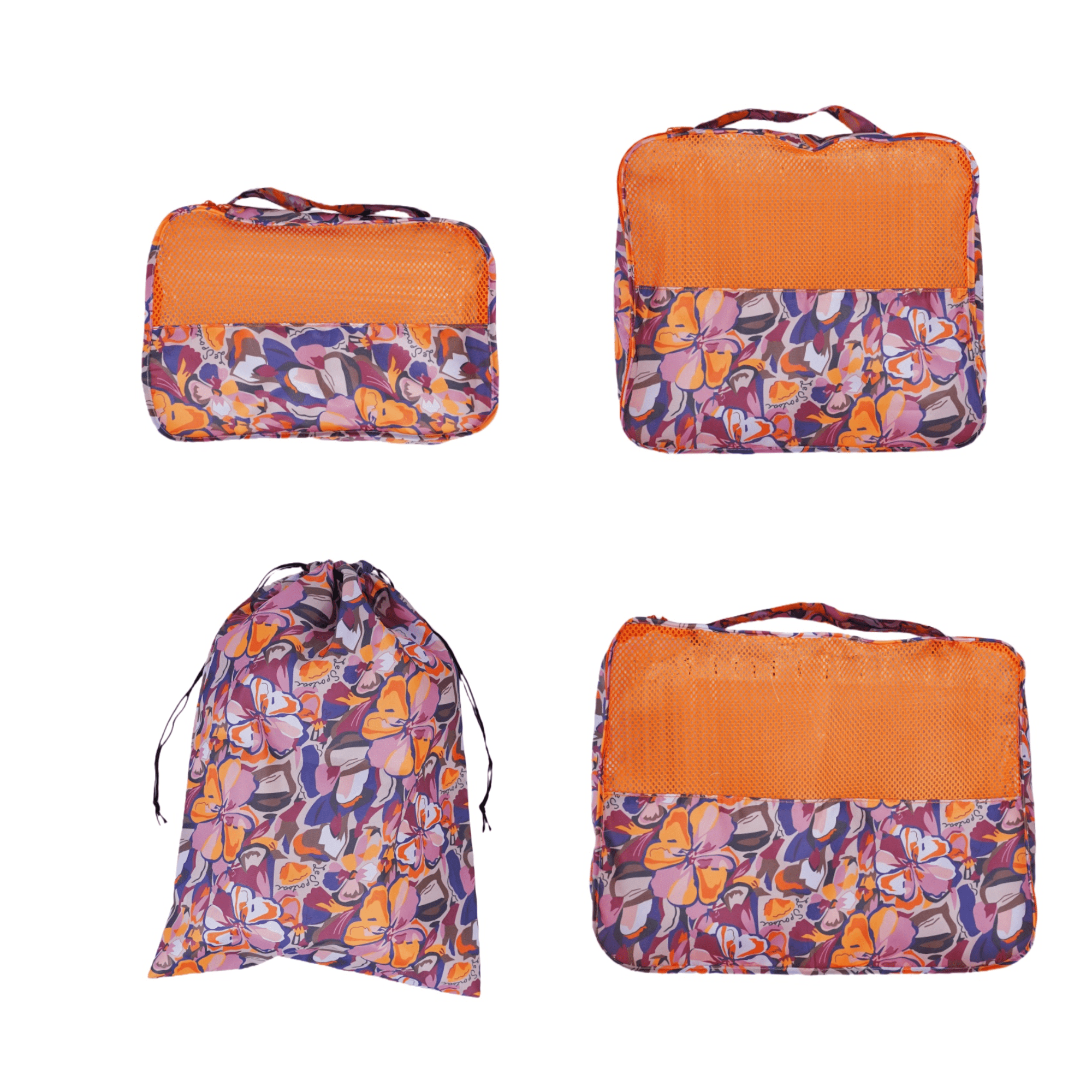 4-Piece Travel Packing Cubes Set, Luggage Organizer Bags with Mesh Top, Lightweight Clothes Storage Pouches, Orange Floral Pattern