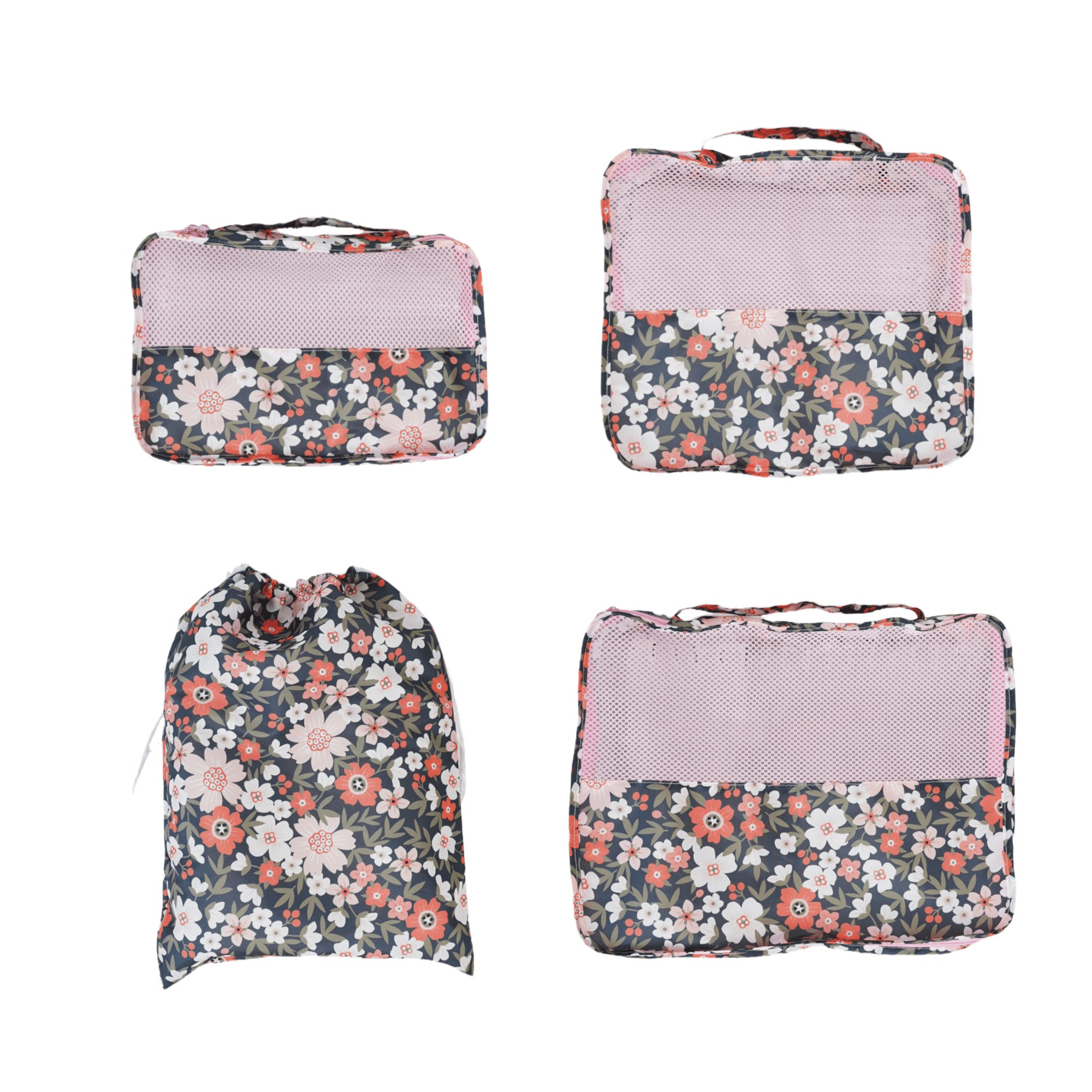4-Piece Travel Packing Cubes Set, Luggage Organizer Bags with Mesh Top, Lightweight Clothes Storage Pouches, Pink Floral Pattern
