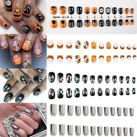 4-Piece Trendy Mushroom Halloween Press-On Nails - Ghost & Mushroom Designs, Glossy Short Ballet Shape with Pumpkin, Ghost, Retro Full Coverage Fake Nails for Men and Women