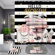 4 Piece Trendy Paris Books and Pink Floral Shower Curtain Set with Rugs