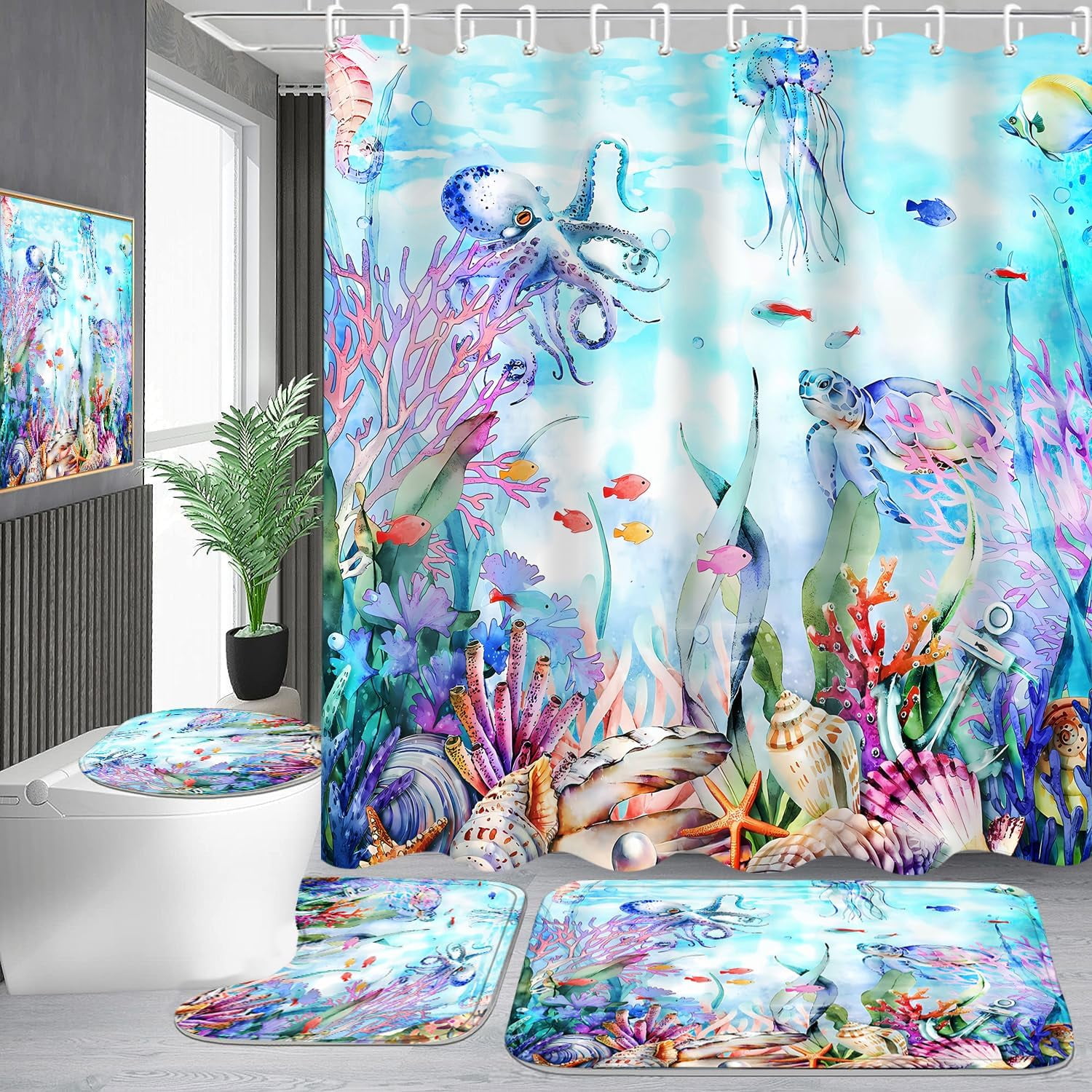 4-Piece Tropical Plants Shower Curtain Set Botanical Bathroom Set with ...