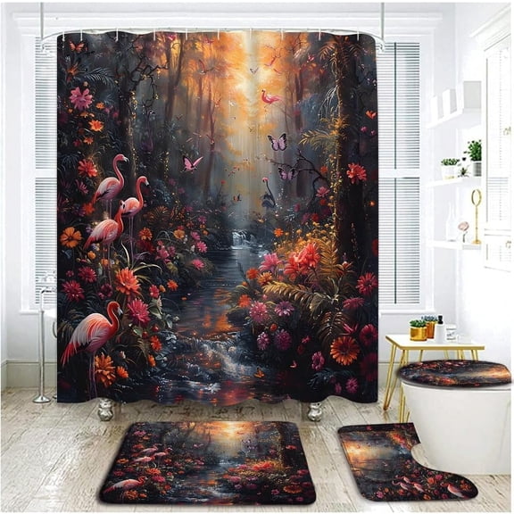 4 Piece Tropical Rainforest Shower Curtain Set with Rugs, Toilet Lid Cover ,Pink Flamingo Flower Butterfly Lush Tree Jungle Lake Wildlife Wonderland Nature Scenery Bathroom Shower Curtain with Hooks
