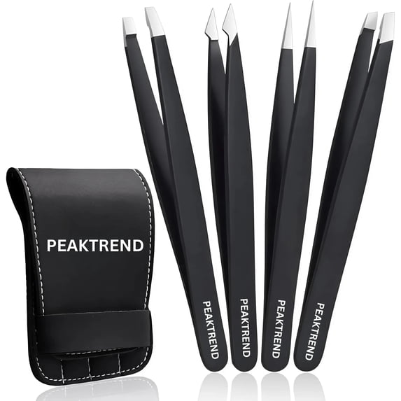 4-Piece High Precision Stainless Steel Eyebrow, Facial Hair and Splinter Remover Tweezers with Leather Case