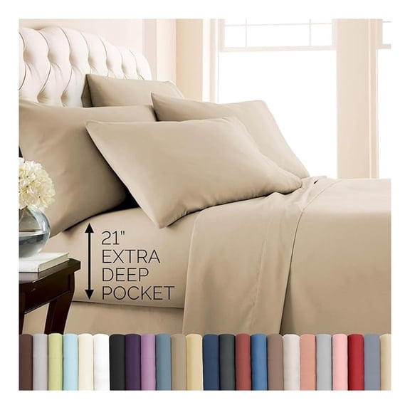 4-Piece Twin XL Sheet Sets, 21-Inch Extra Deep Pocket Twin XL Sheets, Oversized Flat Sheet, Beige Pillow Cases Standard Size Set of 2, Beige Sheets Set, Soft Sand