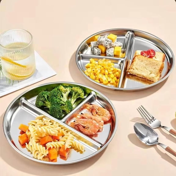 4-Piece Unbreakable 304 Stainless Steel Divided Dinner Plates with 3 Compartments, Reusable and Multi-Purpose Round Food Trays for Portion Control and Healthy Eating