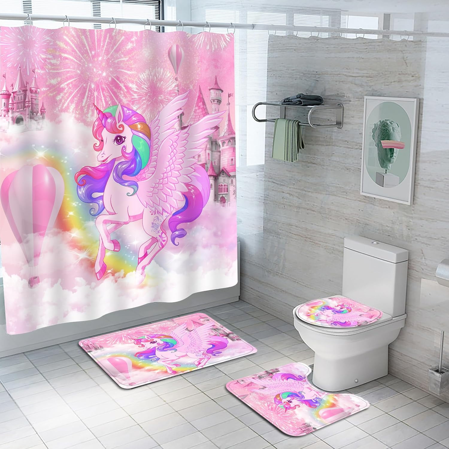 4-Piece Unicorn Kids Bathroom Sets: Waterproof Shower Curtain Sets ...