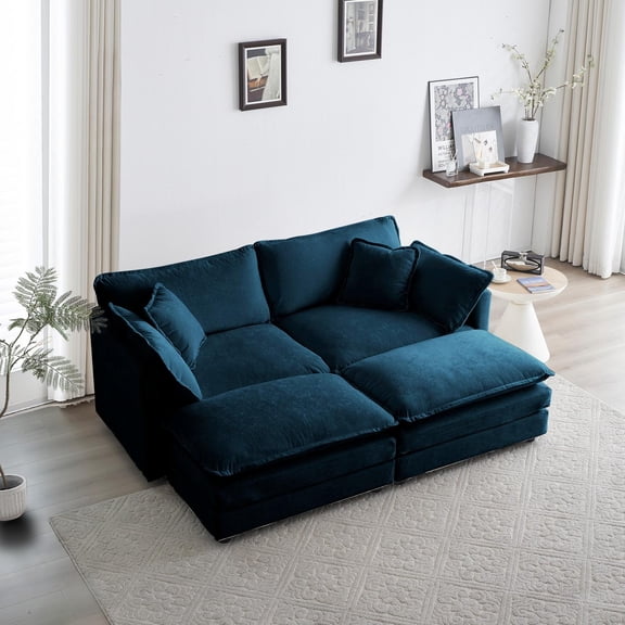 4 - Piece Upholstered Sectional Sofa, 1 - Piece of 2 Seater Sofa and 2- Piece of Ottomans, 2 Seater Loveseat Lounge with Ottomans (Blue)