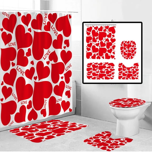 4 Piece Valentine'S Day Shower Curtain Set Carpet Toilet Lid U Shaped Cushion Mat Bathroom Christmas Cur Holiday Renovation