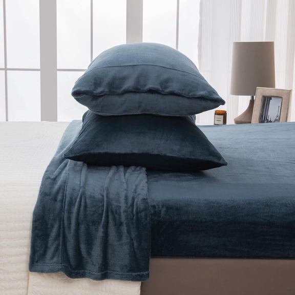 4-Piece Velvet Plush Microfleece Queen Sheet Set in Denim Blue