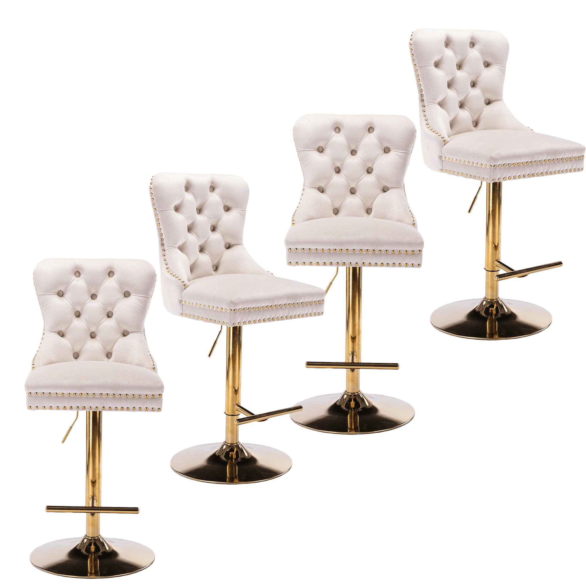 4-Piece Velvet Swivel Bar Stools, Adjustable Counter Height Dining Bar Chairs with Tufted Backrest and Nailhead Trim for Kitchen Island （Beige with Gold Leg）