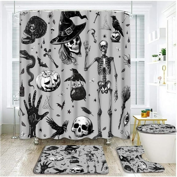 4 Piece Vintage Halloween Shower Curtain Set with Rugs, Toilet Lid Cover ,Alchemy Magic World Witch Pumpkin Witchcraft Horror Animal Creepy Gothic Skeleton Raven Bathroom Shower Curtain with Hooks
