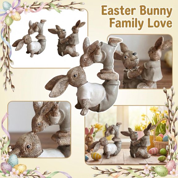 4-Piece Vintage Resin Easter Bunny Figurines, Adorable Retro Style Rabbit Family Statues with Rustic Detailing for Easter Home Decor, Tabletop Display, Spring Themed Parties and Family Gatherings