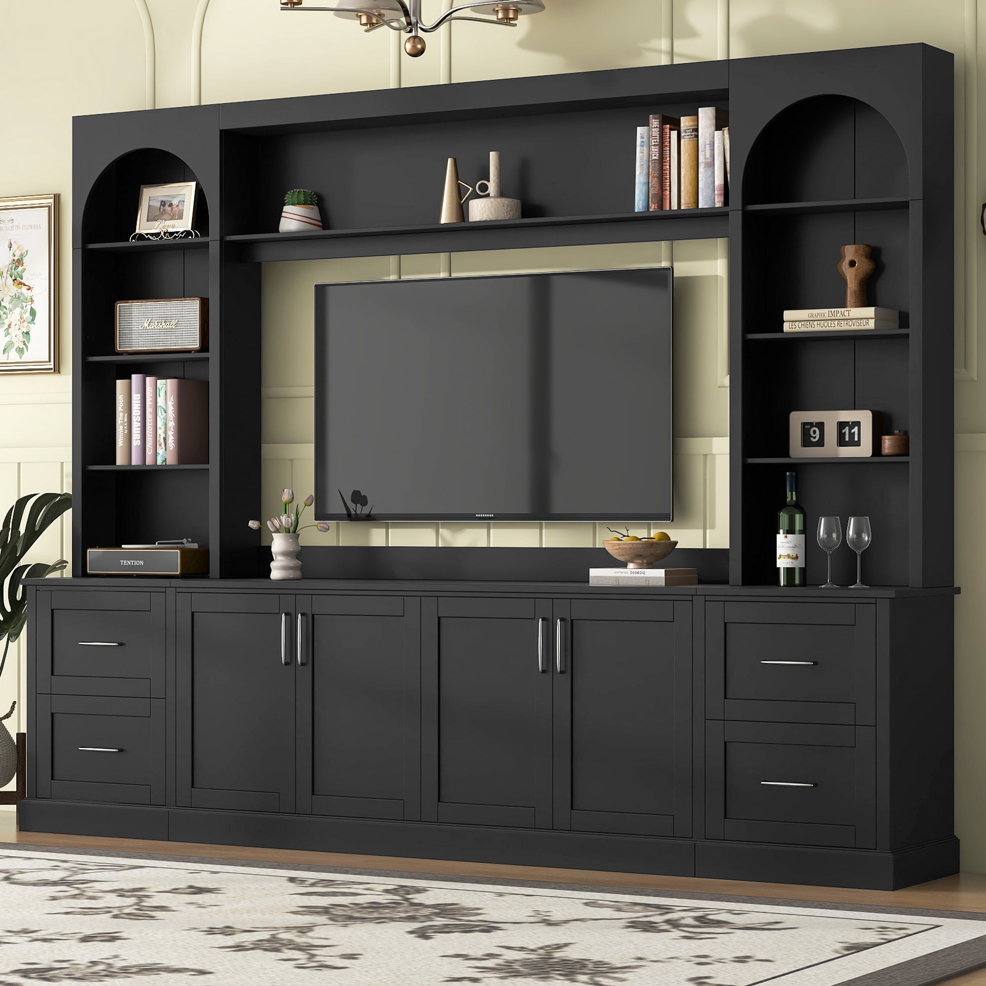 4 Piece Wall Unit TV Stand for TVs up to 65", Modern Entertainment Center with Bookshelf, Wine Cabinet, Display Storage, Multifunctional All-in-One TV Console Table for Living Room,Black