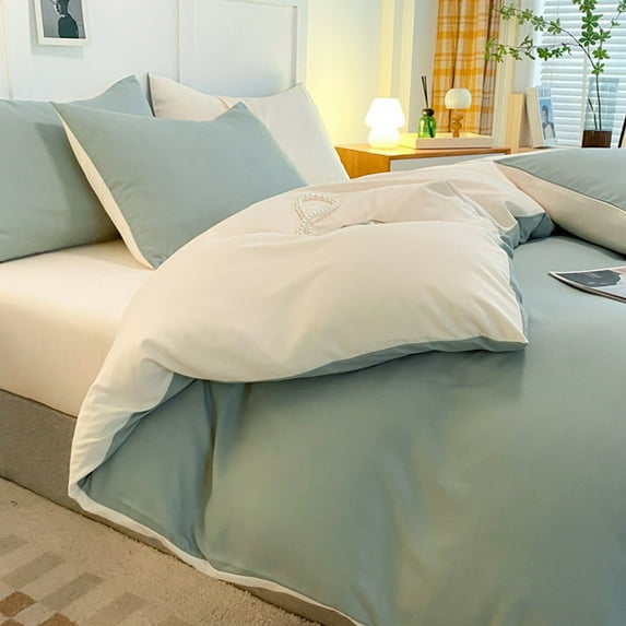 4-Piece Washed Cotton Bedding Set | Soft Polyester College Dorm Sheets | 150x200cm & 200x230cm Sizes | Reversible Design with Modern Colors | Includes Duvet Cover, Fitted Sheet & Pillowcases