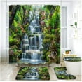 thumbnail image 1 of 4 Piece Waterfall Scenery Shower Curtain Set with Rugs, Toilet Lid Cover ,Tropical Rainforest Jungle Primeval Forest Natural Bushes Floral Mossy Rocks Clear Stream Bathroom Shower Curtain with Hooks, 1 of 5
