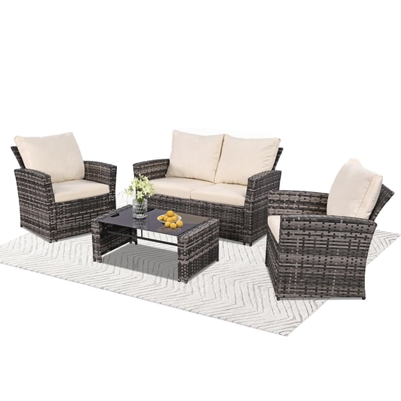 Oufohomtlay 4 Piece All Weather PE Wicker Patio Furniture Set, Sectional Sofa with Glass Coffee Table and Cushions, Gray Rattan&Beige