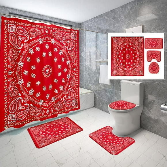 4 Piece Western Shower Curtain Waterproof Bandana in Red and White Bathroom Sets with Non-Slip Rugs, Toilet Lid Cover and Bath Mat with Standard Size