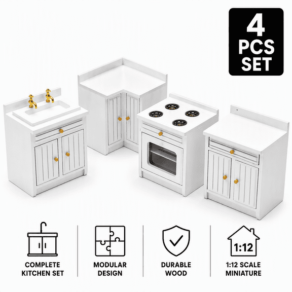4-Piece White 1:12 Scale Dollhouse Kitchen Cabinet Set, Miniature Wooden Sink, Stove, Prep Counter & Corner Cupboard for Dollhouse Furniture