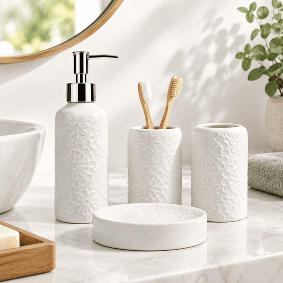 4-Piece White Ceramic Bathroom Accessories Set with Floral Embossed Design