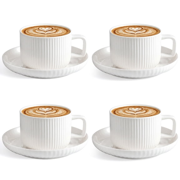 4-Piece White Ceramic Coffee Cup and Saucer Set - 8.8oz Espresso Cups with Vertical Ribbed Design, Microwave & Dishwasher Safe, for Home Kitchen or Gift Giving
