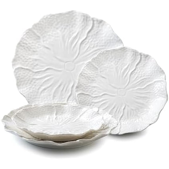 4 Piece White Ceramic Salad Plates Dessert Plates Set (10 inches & 8 inches) Vegetable Floral Embossed Design Porcelain Appetizer Plates$$Home Decor, Kitchen, & Other