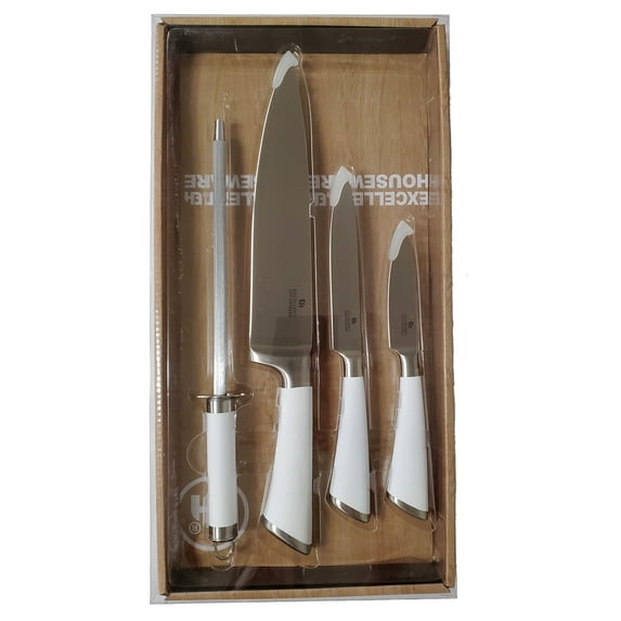 4 Piece White Handle Kitchen Knife Set with Knife Sharpener New