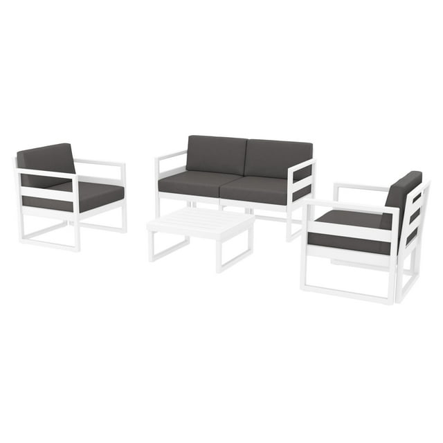 4 Piece White Outdoor Patio Lounge Set with Charcoal Sunbrella Cushion 54.5"